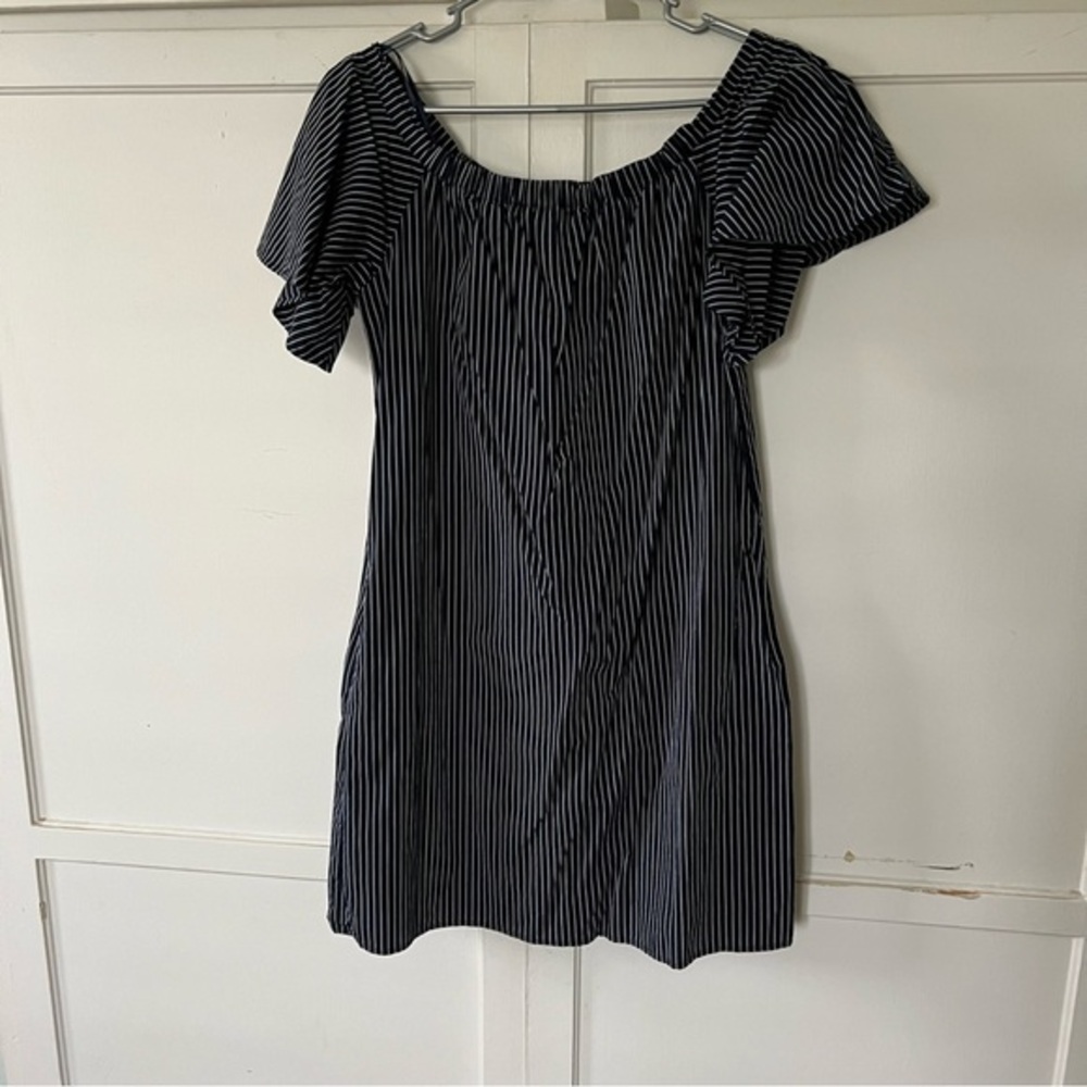 Elegant Navy Blue and White Striped Dress